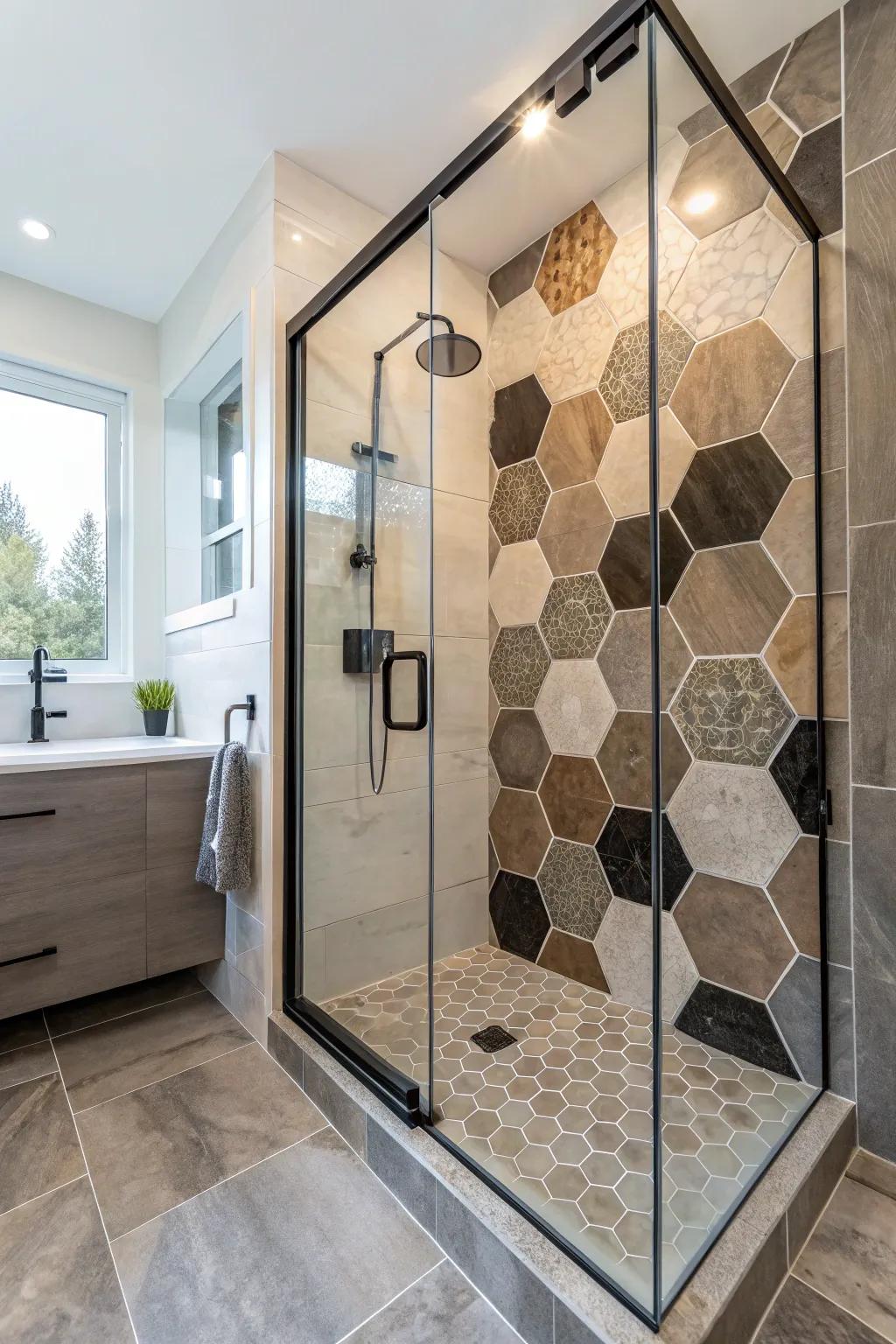 A shower stall exhibiting innovative hex pavers for a revitalizing, chic visage.