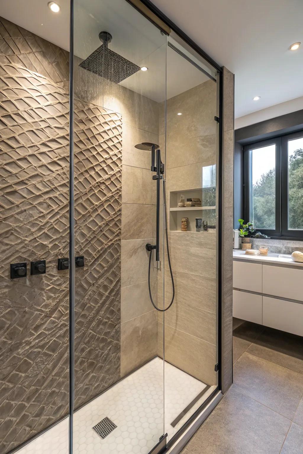 A textured highlight wall contributes persona to your shower.
