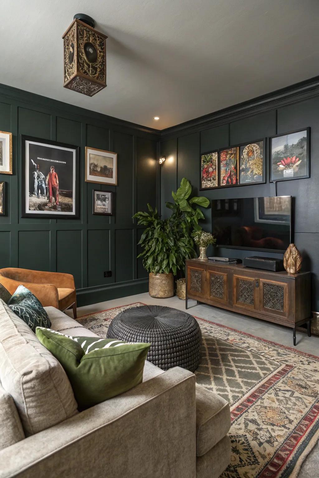 A media room featuring a dark moss accent wall, introducing a hint of the unconventional.