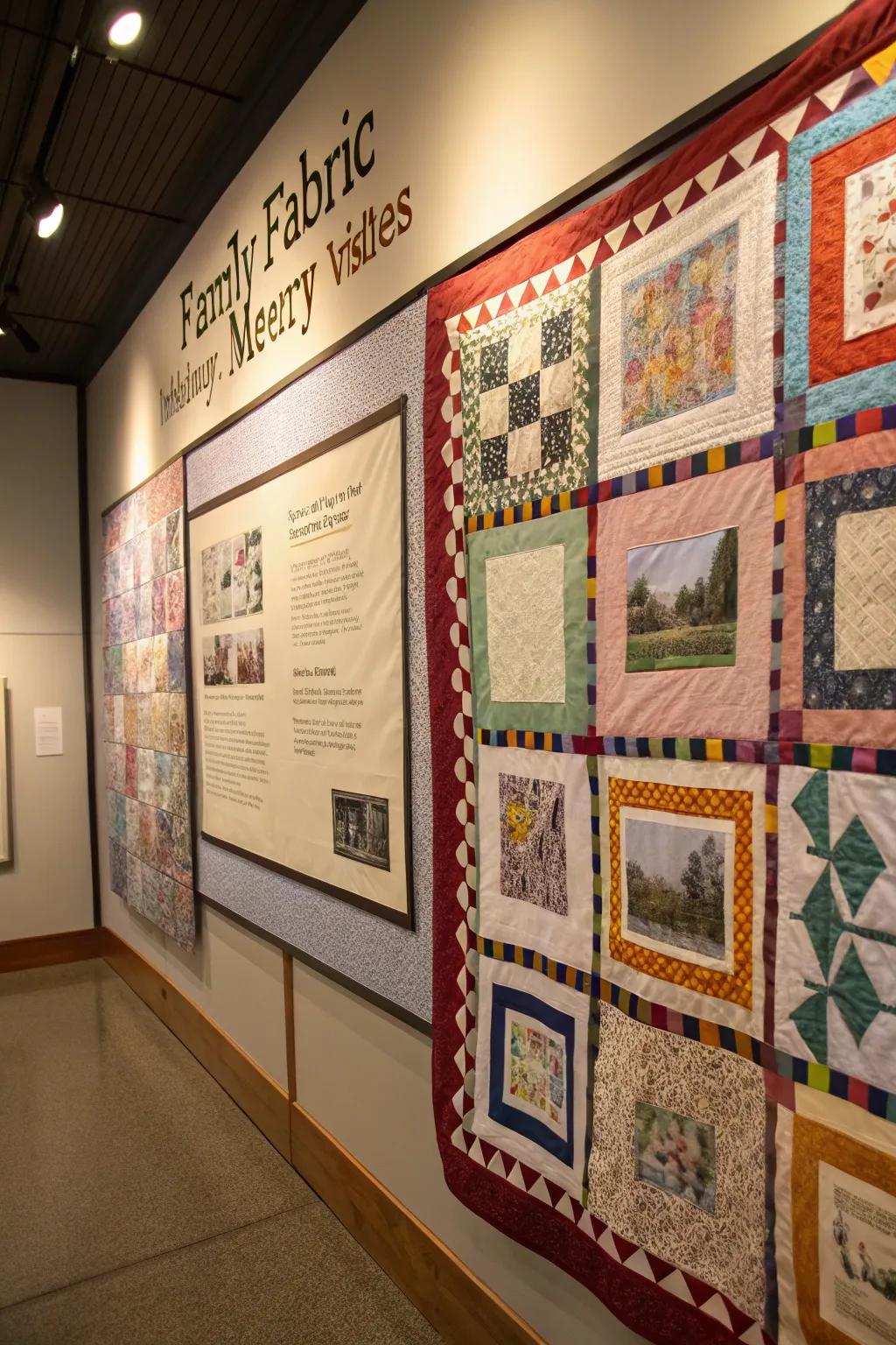 A reminiscence quilt enfolding a wall in warmth and remembrance.
