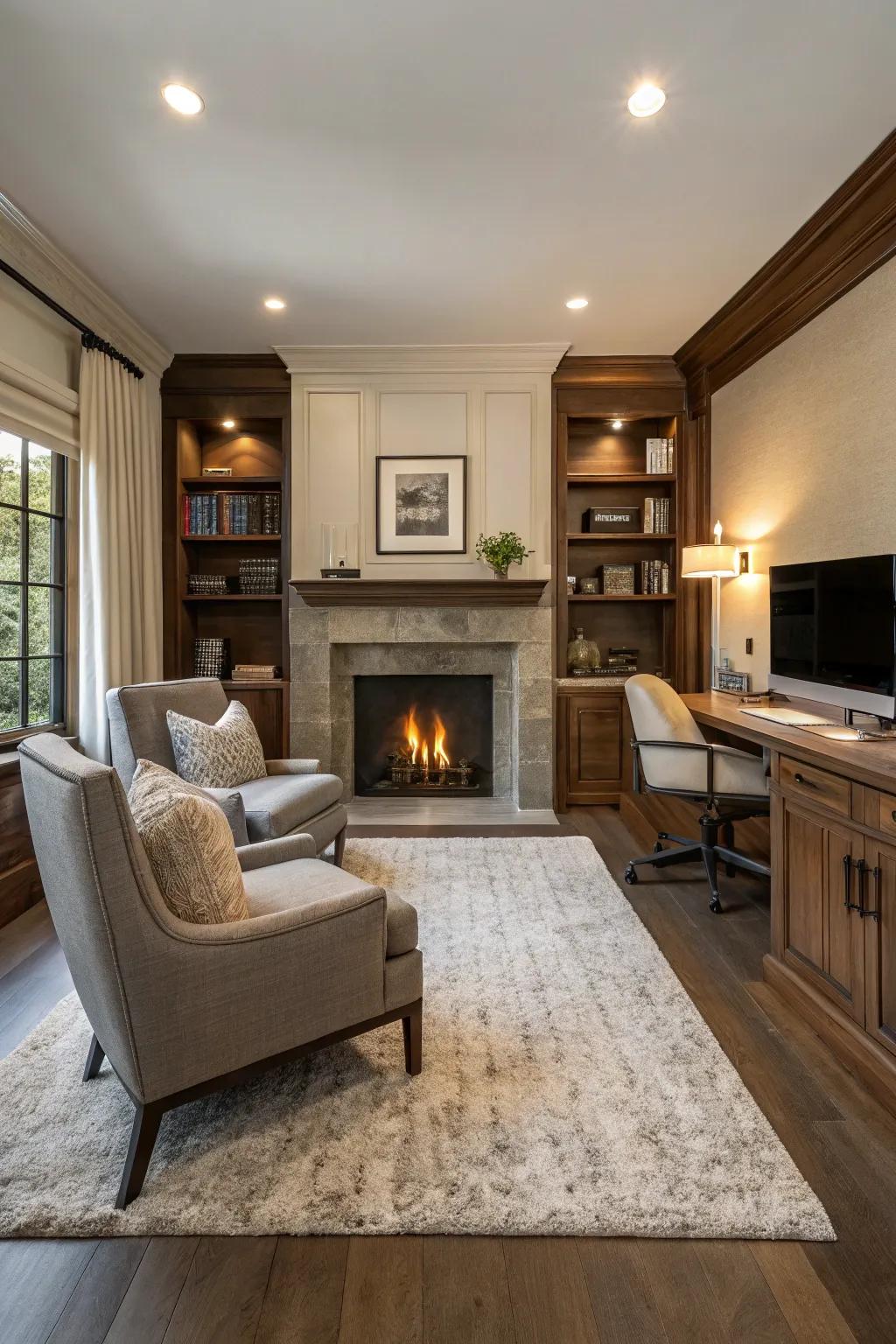 A fire pit imparts warmth and elegance to this home office.