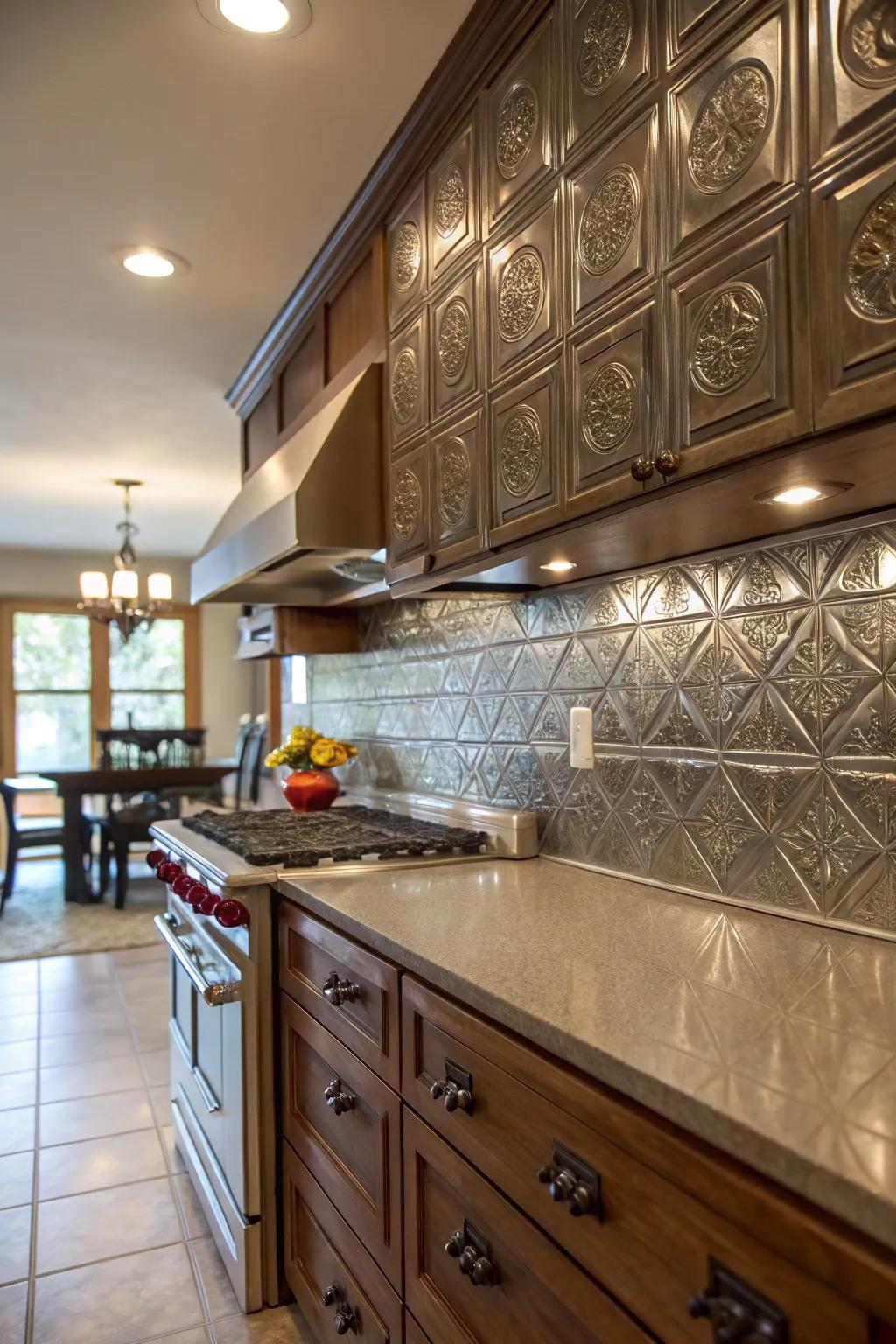 A kitchen showcasing a classic DecoTin metal backsplash.