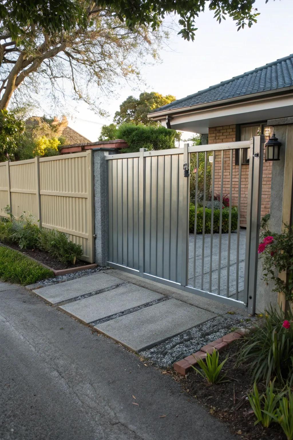A sliding metal gate that offers functionality and style in restricted areas.