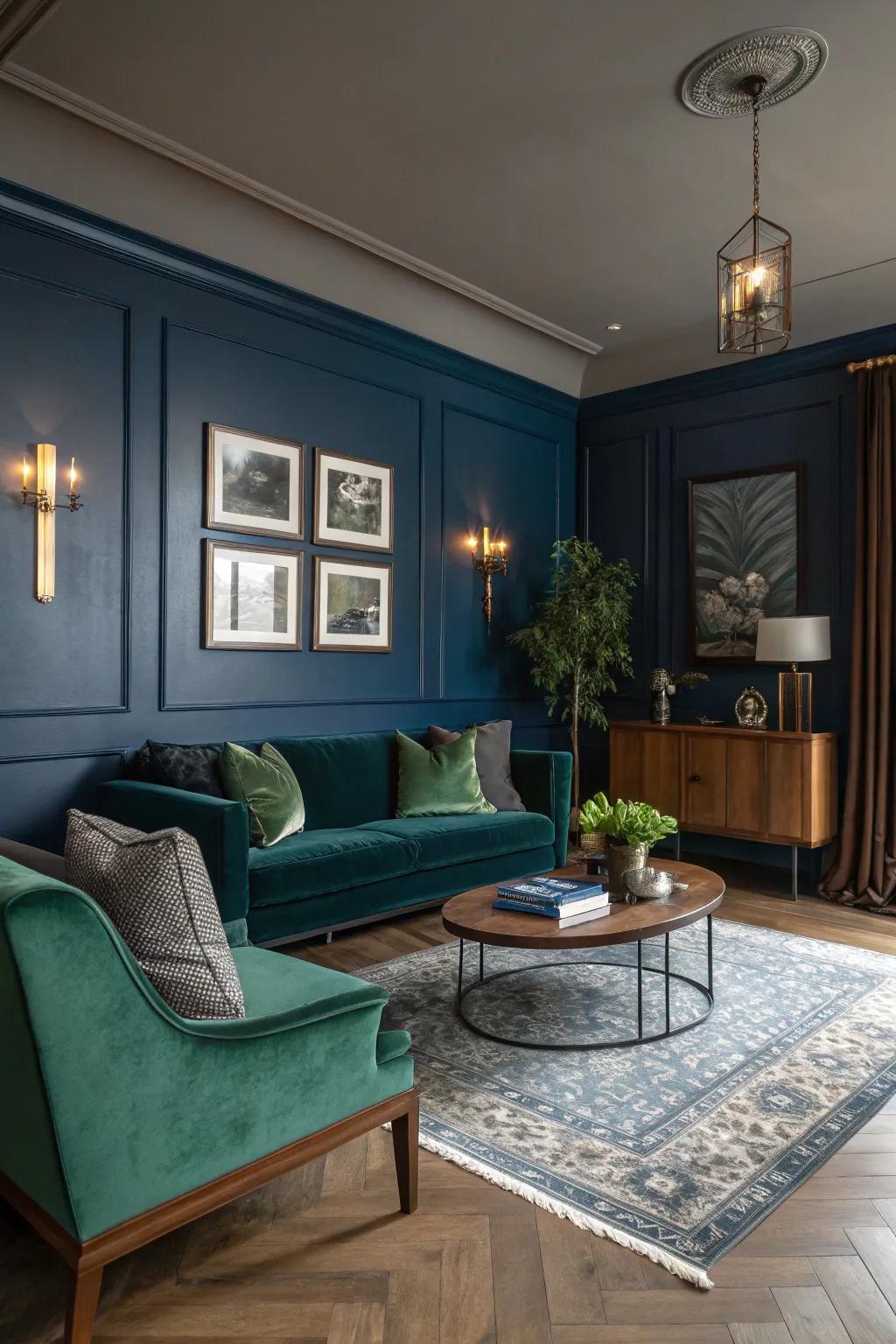 Moody tones, such as deep blue and forest green, craft a sophisticated ambiance in this mid-century modern living space.