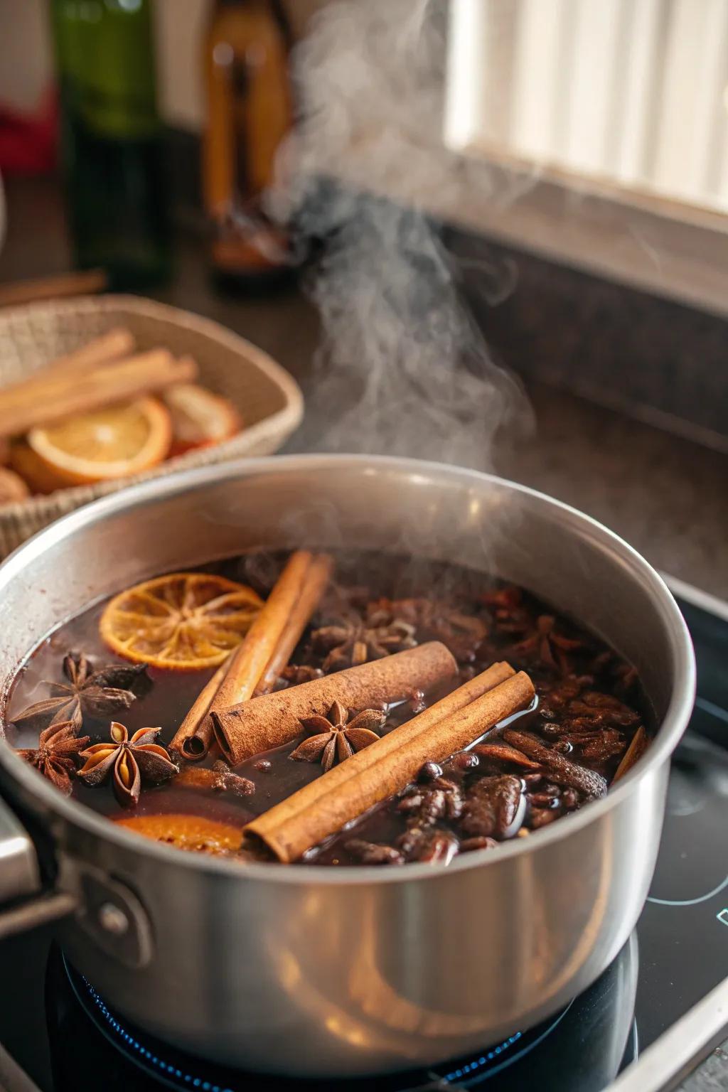 Cinnamon sticks and cloves simmering to create a natural festive scent.