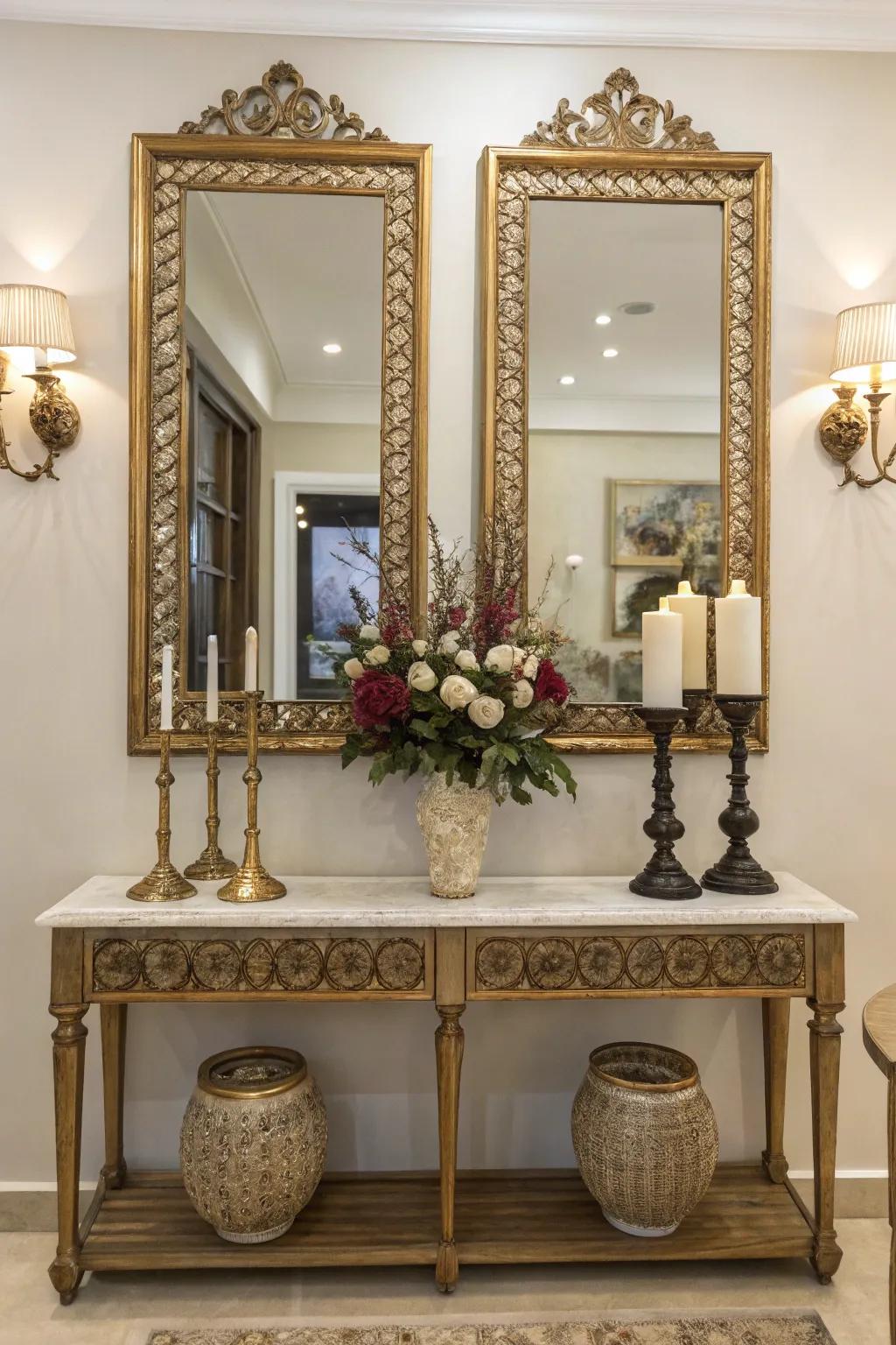 Double mirrors offer balance and harmony in decor.