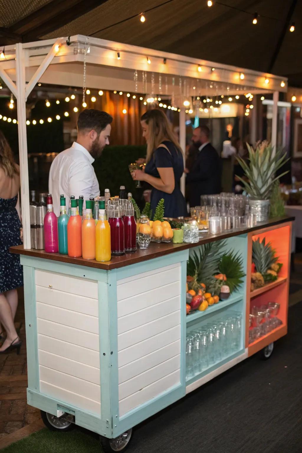 An interactive cocktail station adds a fun element to this rolling bar.