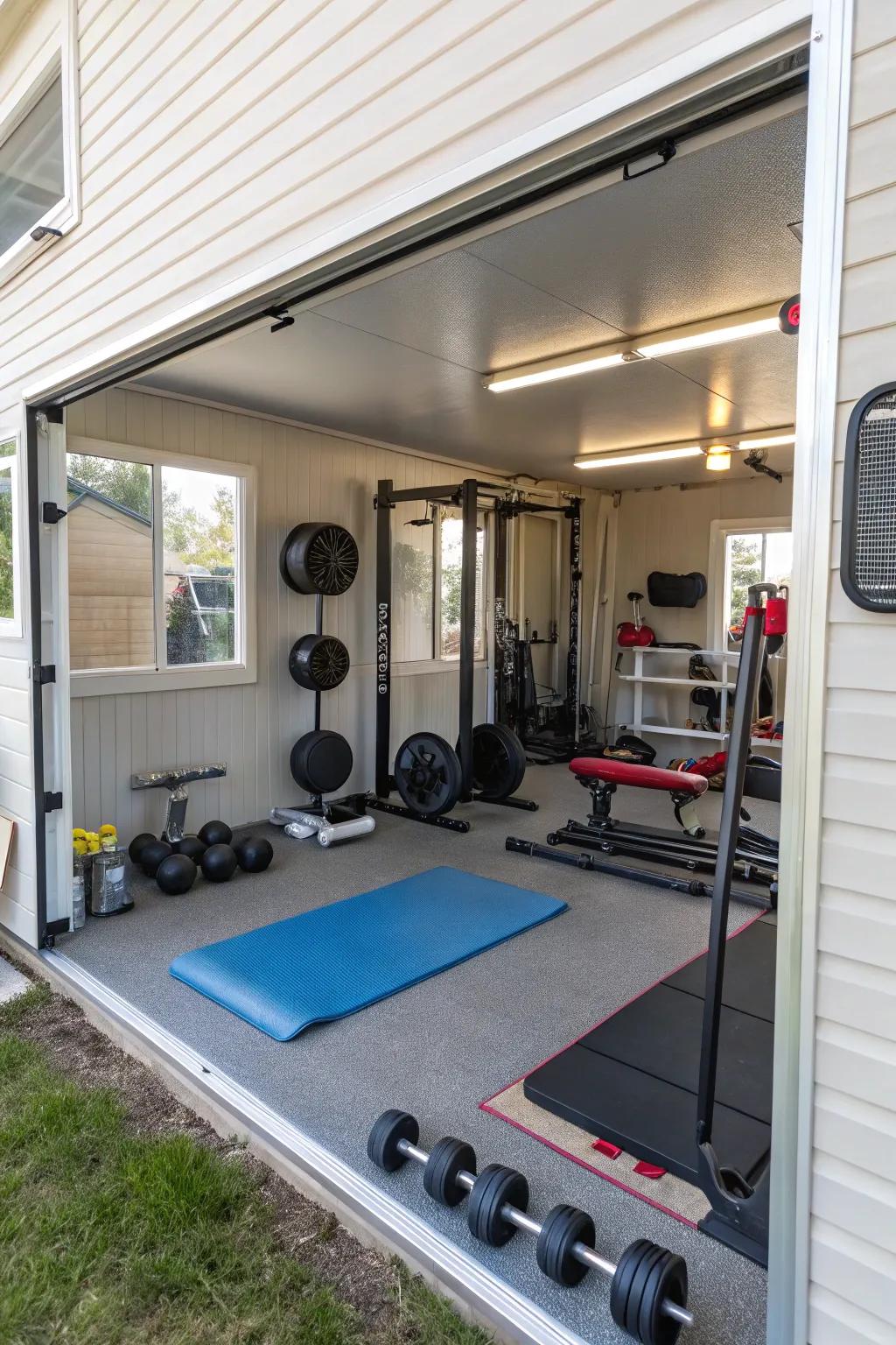 A home fitness center including fitness instruments, in addition to mirrors, designed for hassle-free workouts at home.