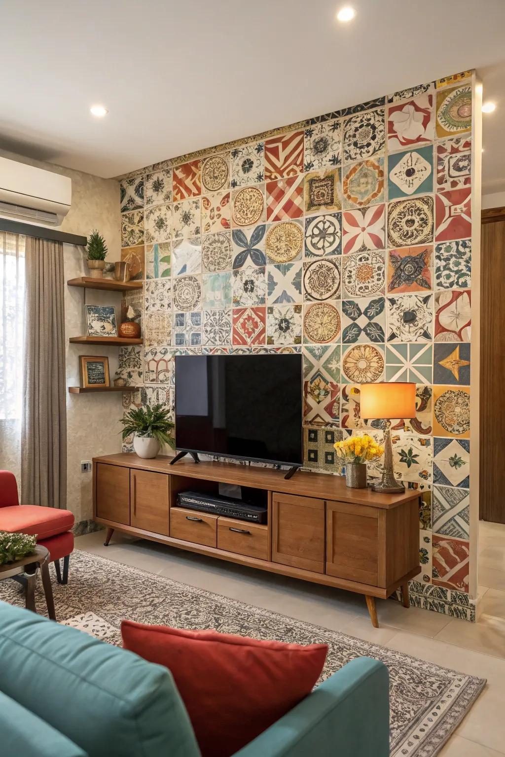 Patterned mosaics contribute a striking and colorful setting.