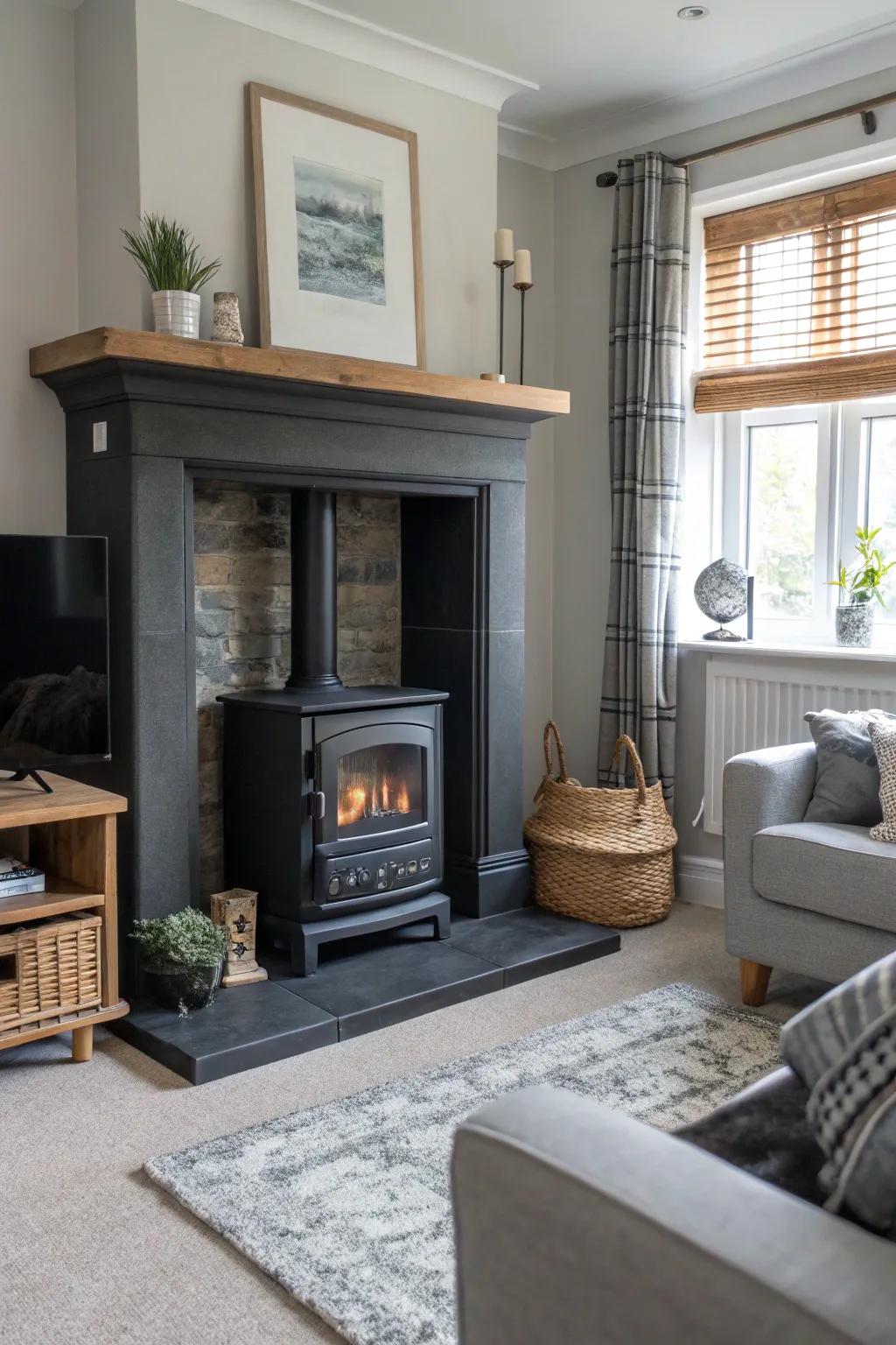 A modern black and grey fireplace immediately serves as a cozy and inviting focal point.