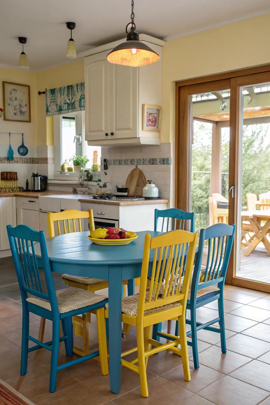 A coordinated food set seamlessly extends the kitchen's color theme.