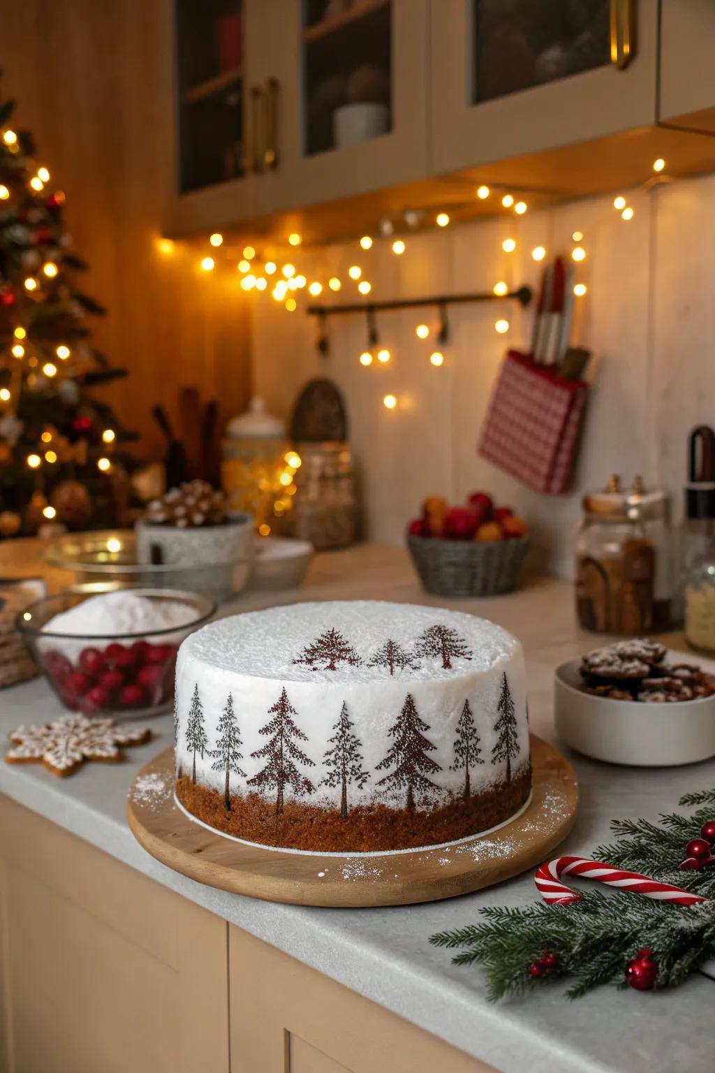 Christmas cake with a frosted forest scene