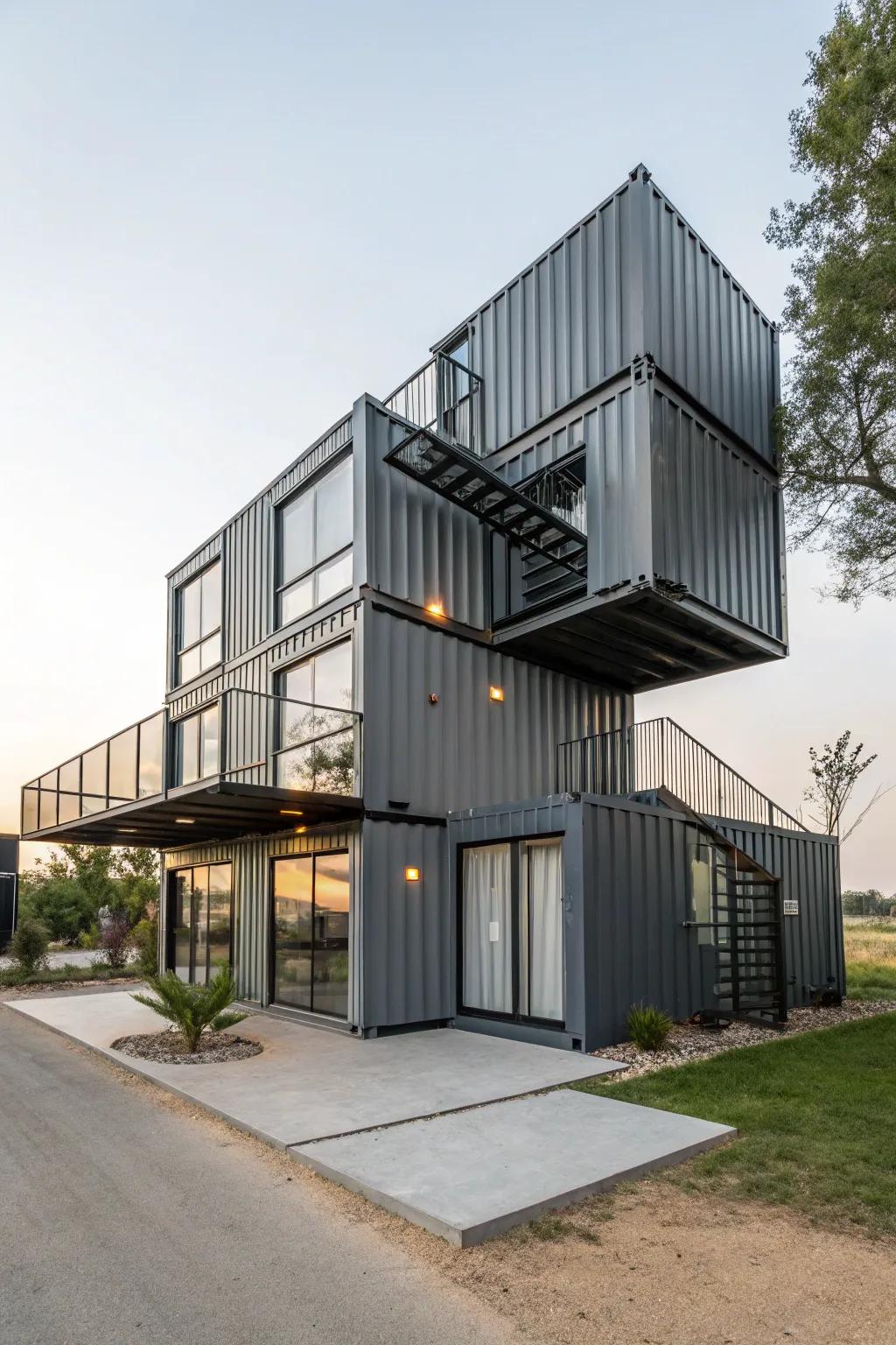 An avant-garde modular home exhibiting a striking architectural design.