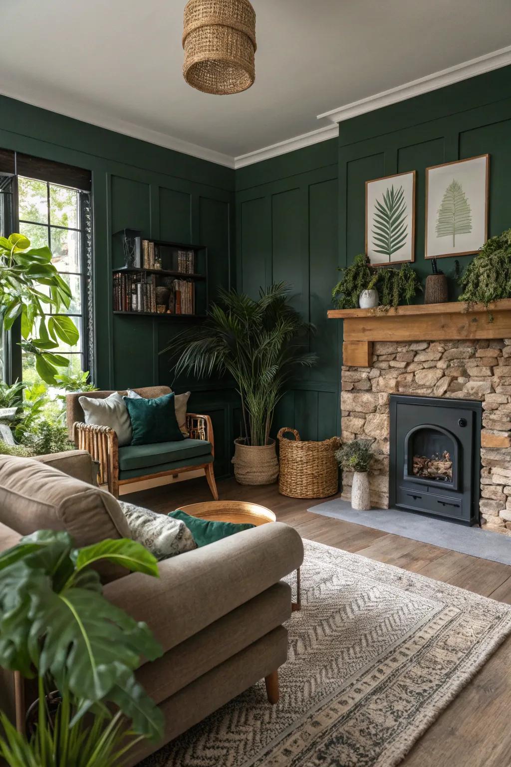 Biophilic design elements enhance the tranquility of a dark green living room.