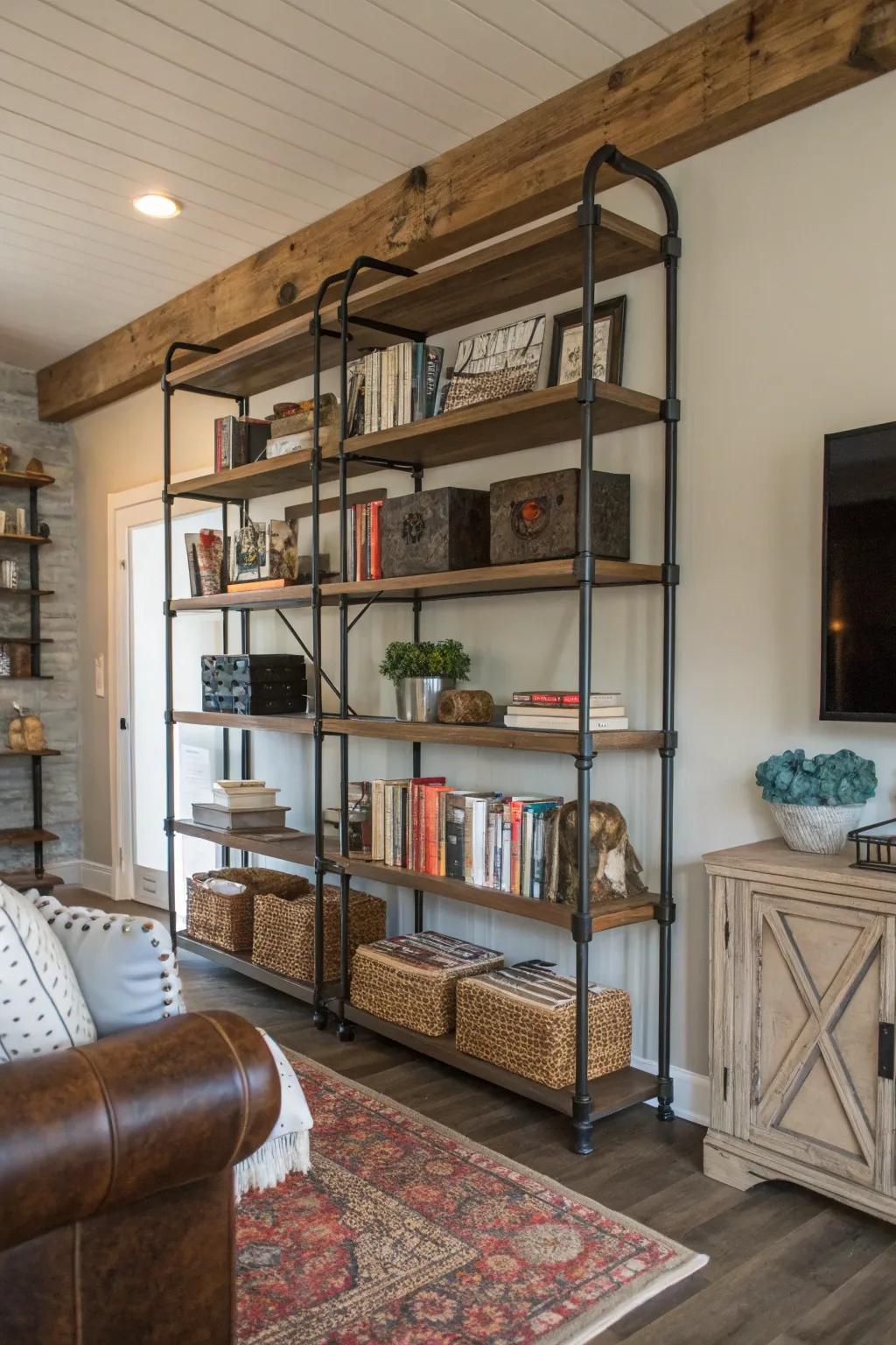 Industrial conduit shelving for a modern farmhouse element.