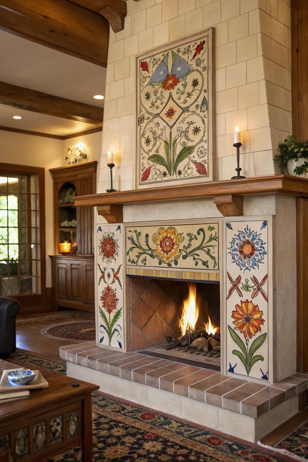 Fireplace with unique hand-painted stone artistry.