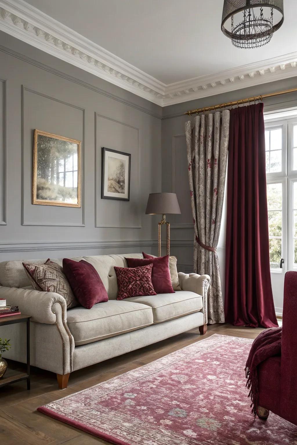 Living room with grey walls and burgundy decor accents.