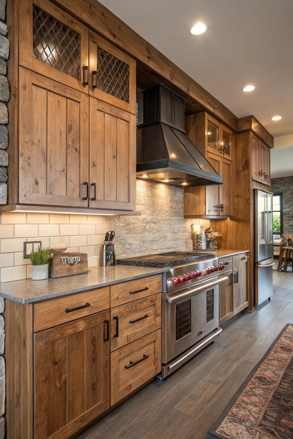Industrial elements add edge to walnut culinary spaces.