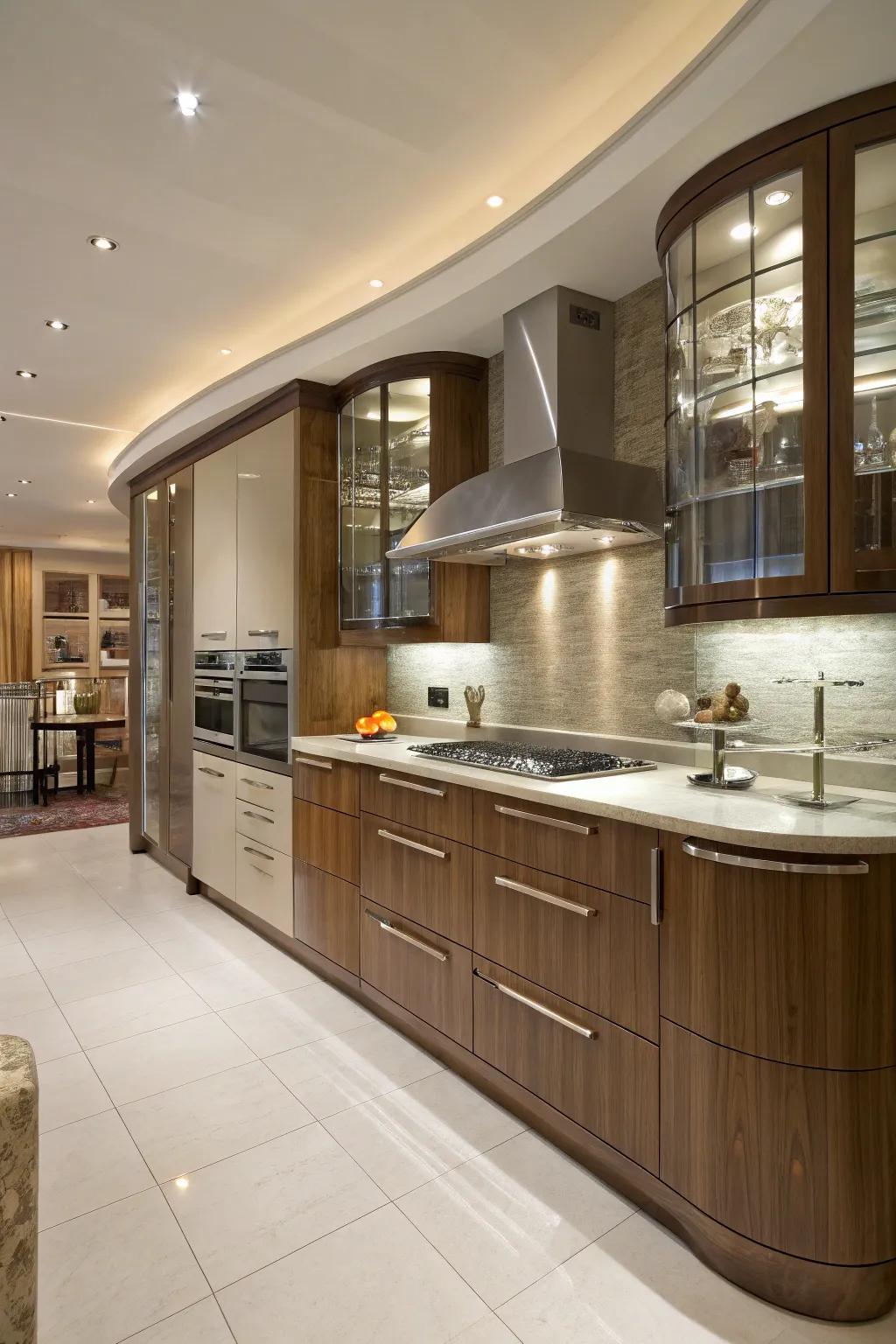 Curved cabinets add a unique and soft aesthetic.