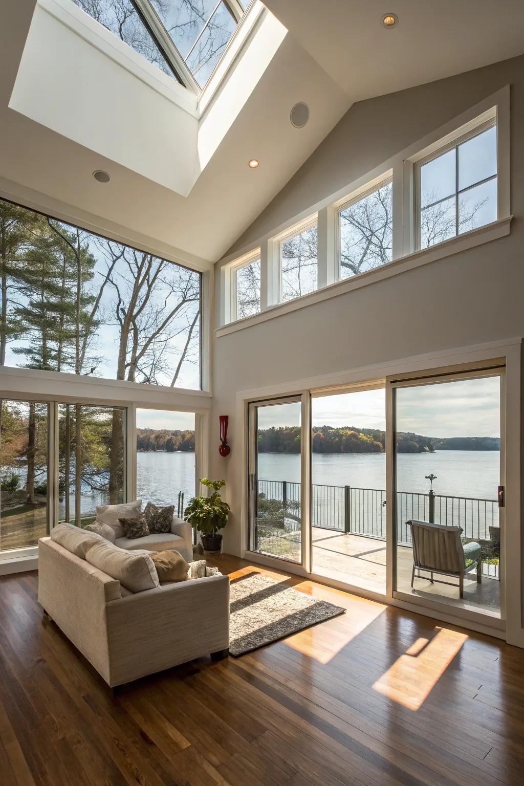 Overhead windows usher natural illumination and sky vistas indoors.