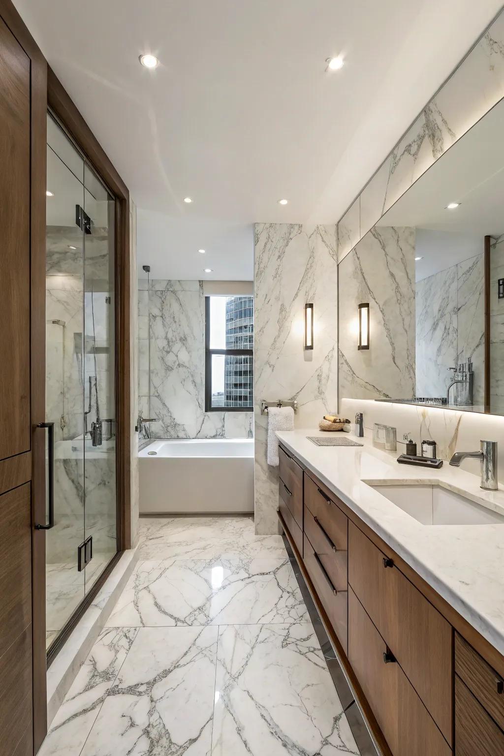 Marble incorporates an elegant nuance to this contemporary bathroom.