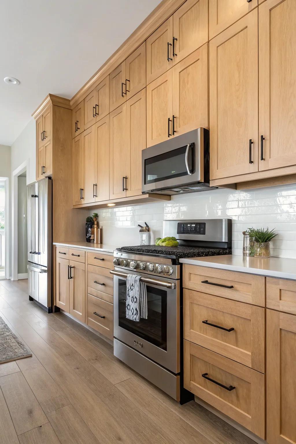 Streamlined hardware introduces a modern accent to pale maple cabinets.