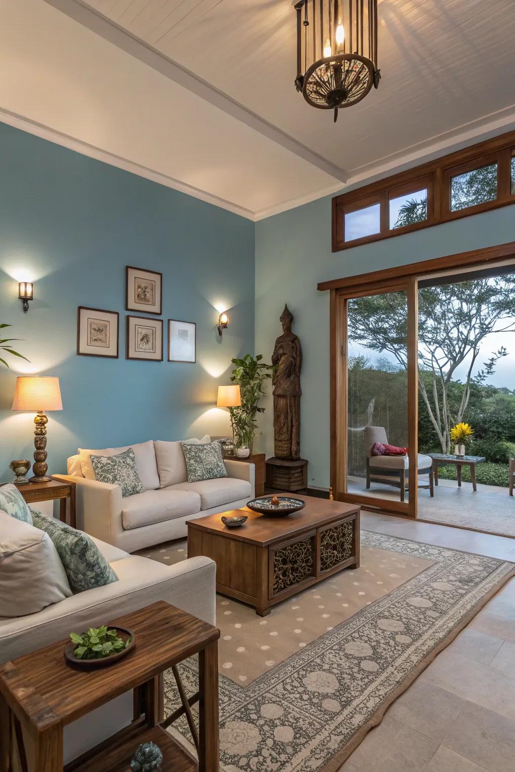 Sky blue walls evoke a feeling of tranquility and openness in this serene living space.