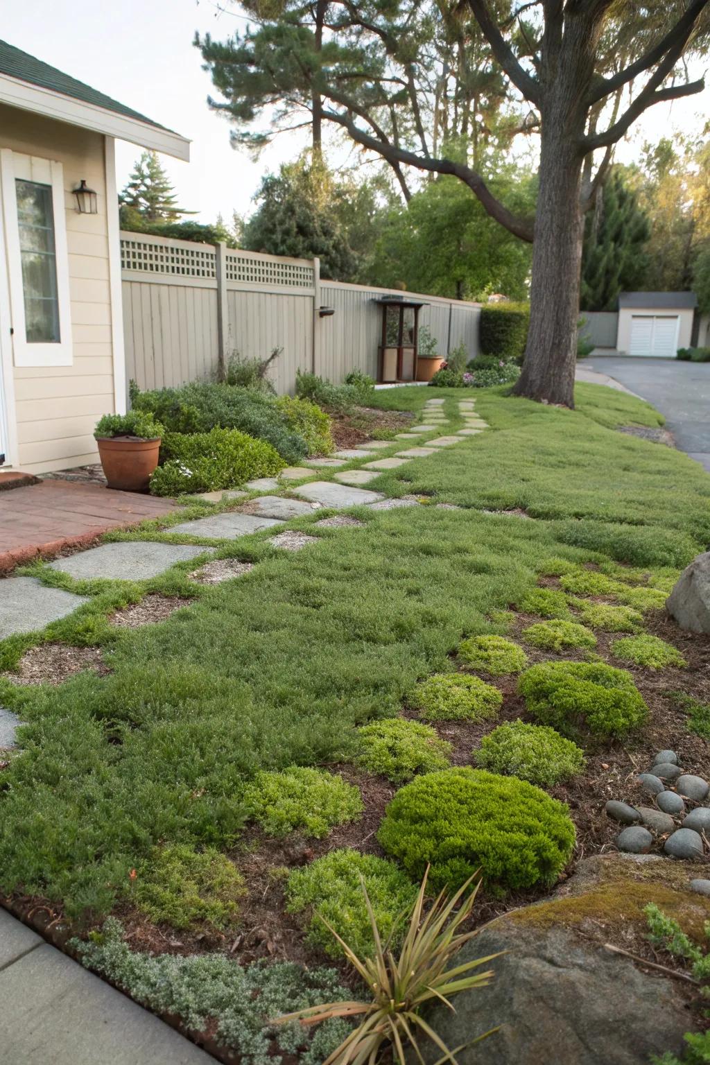 Low-grow ground covers delivering an alternative to grass in a modern front yard.