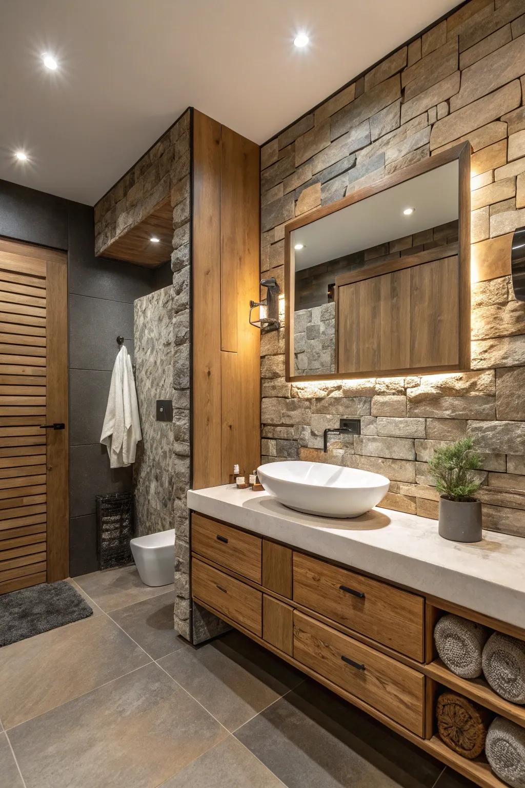 Textured highlights introduce dimension and intrigue to the bathroom.
