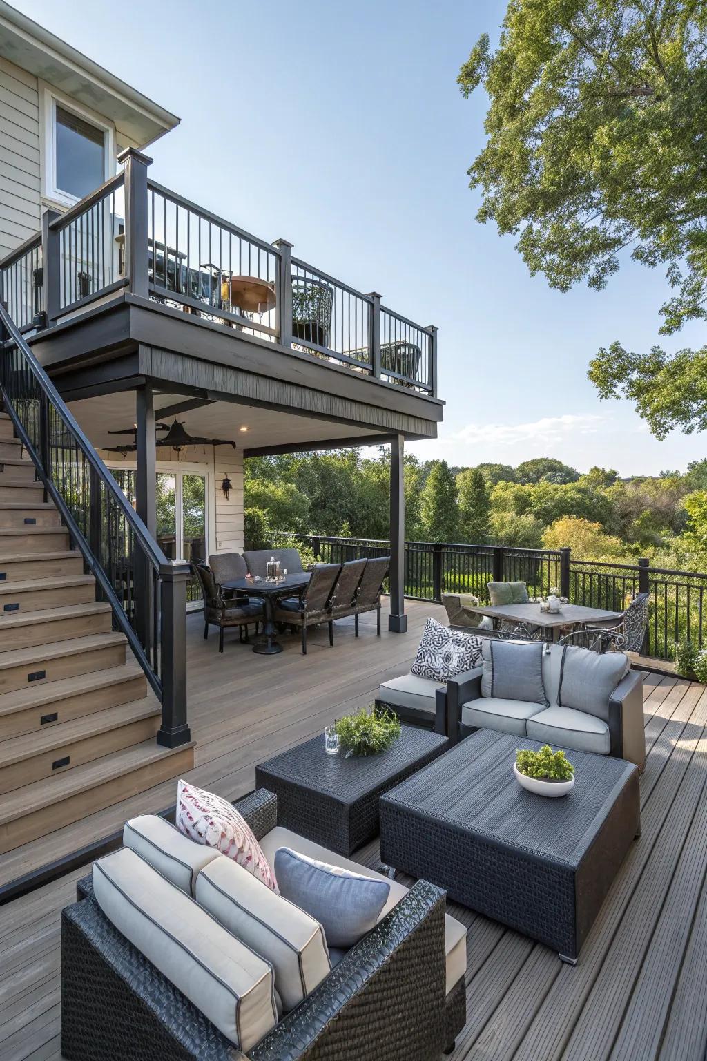 A versatile deck setup with fashionable sectional furniture.