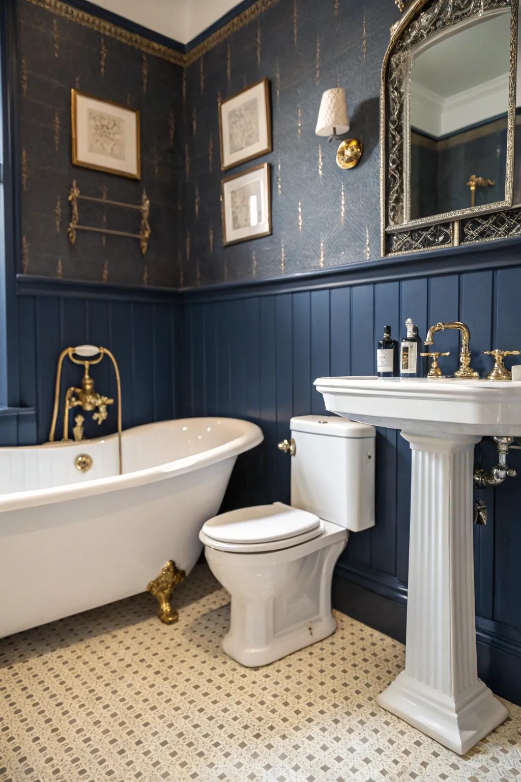 Vintage fixtures impart charm to midnight blue bathrooms.