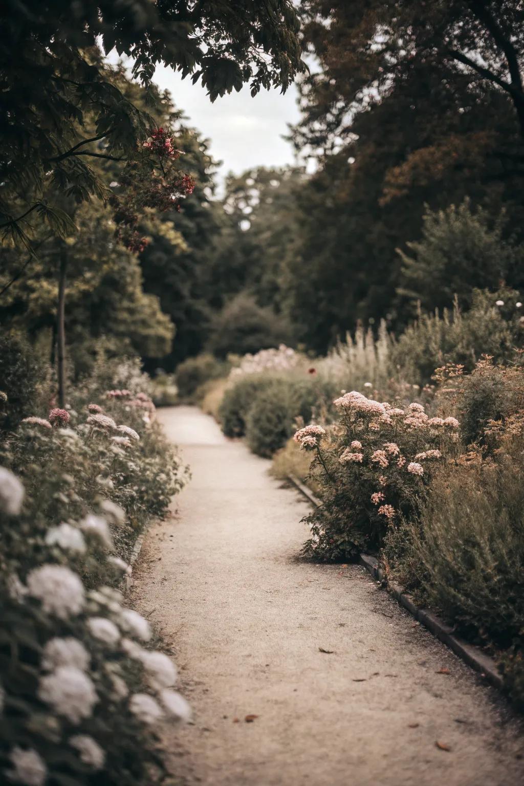 A garden walkway employing monochromatic hues for a cohesive aesthetic.