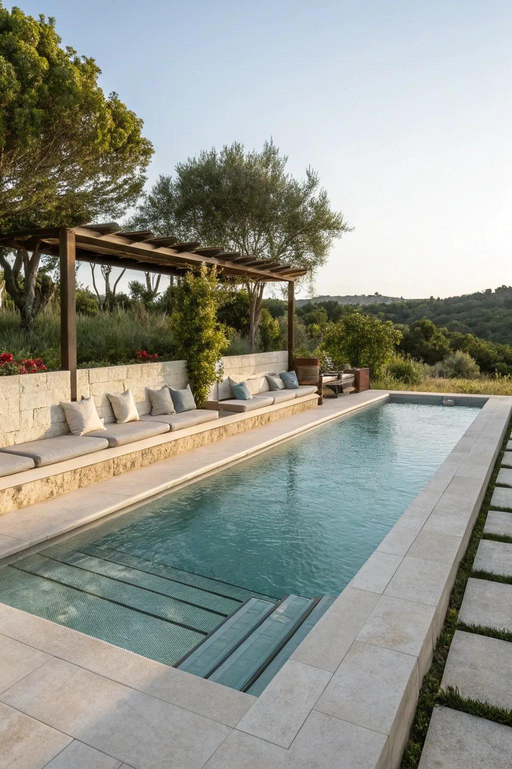 Integrated seating transfigures your pool into a social nucleus.