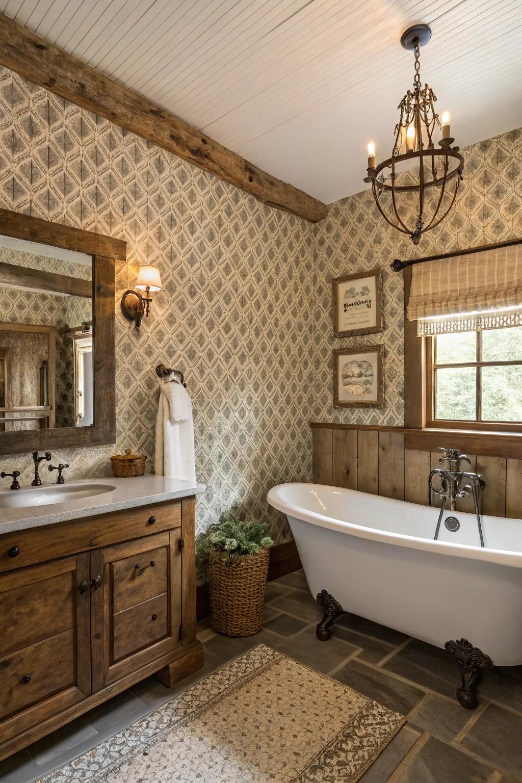 Embossed wallcoverings append an exceptional persona to the rustic space.