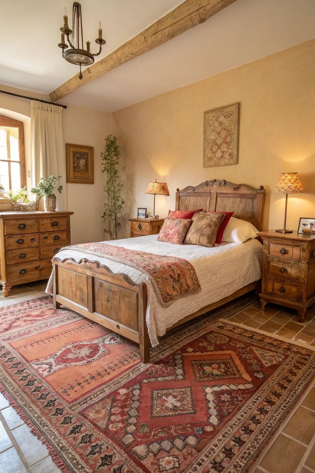 A heritage rug contributes warmth and ties the room together in this shabby chic bedroom.