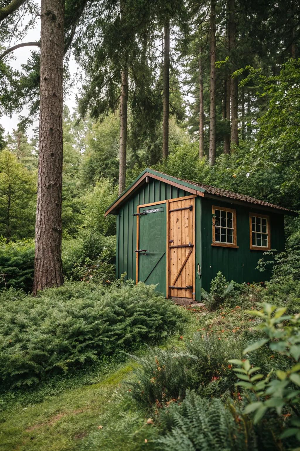 A forest green shed that blends easily with nature.