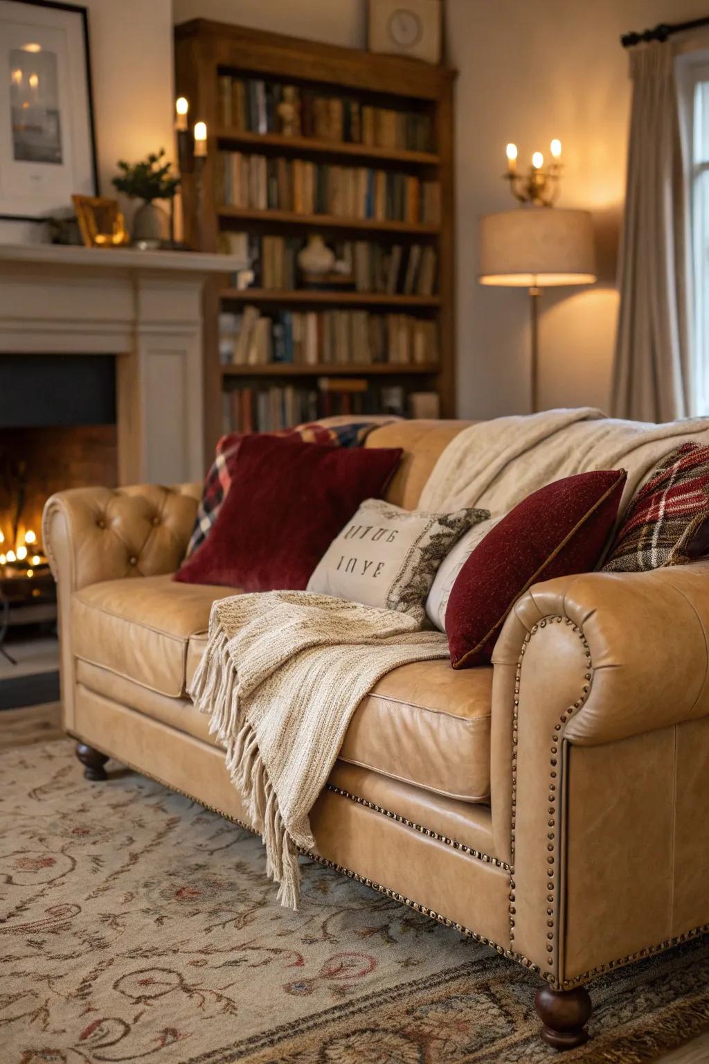 Layered textiles elevate the coziness of a tawny hide couch.
