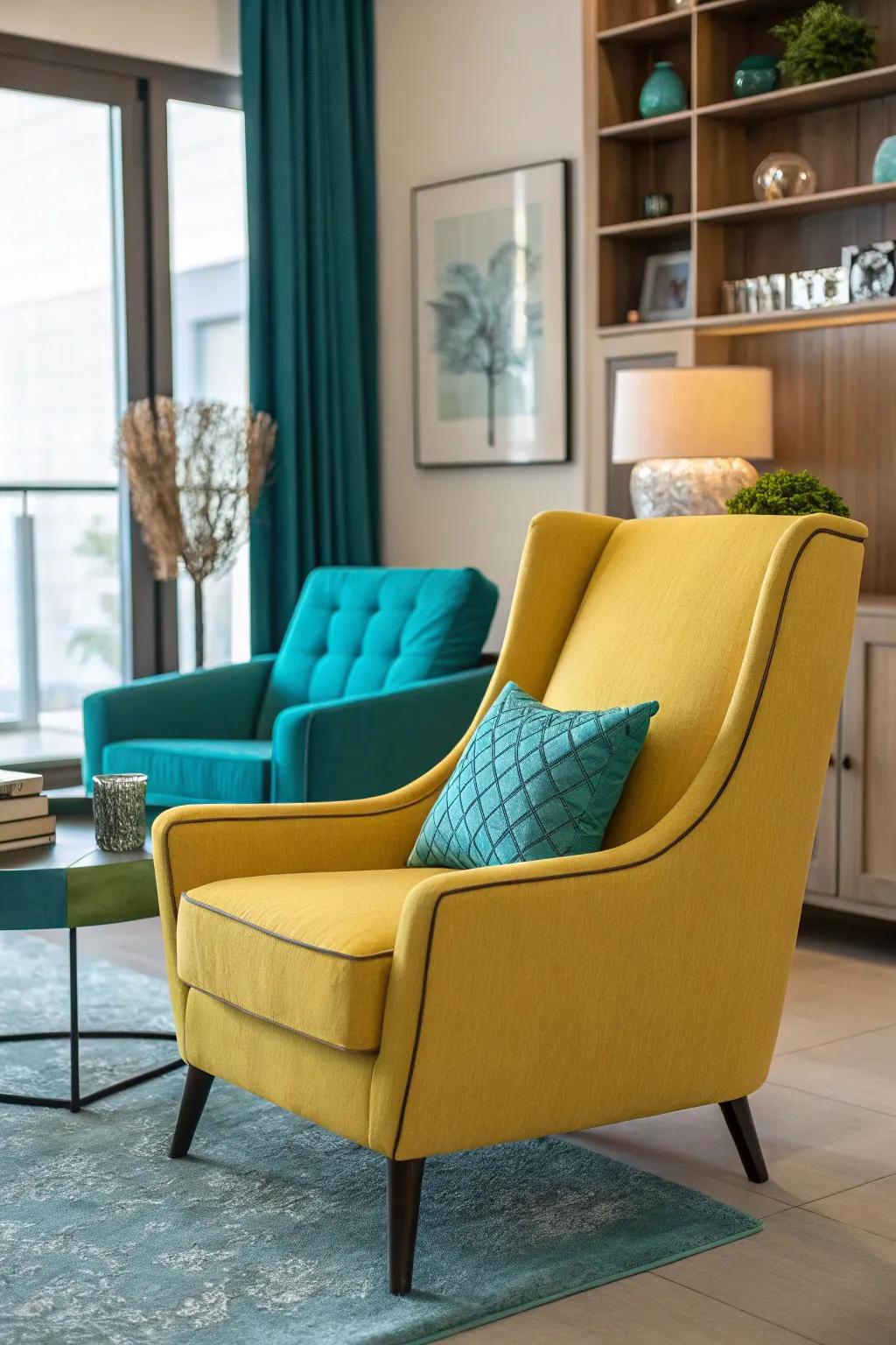 A golden armchair adds an unexpected burst of color.