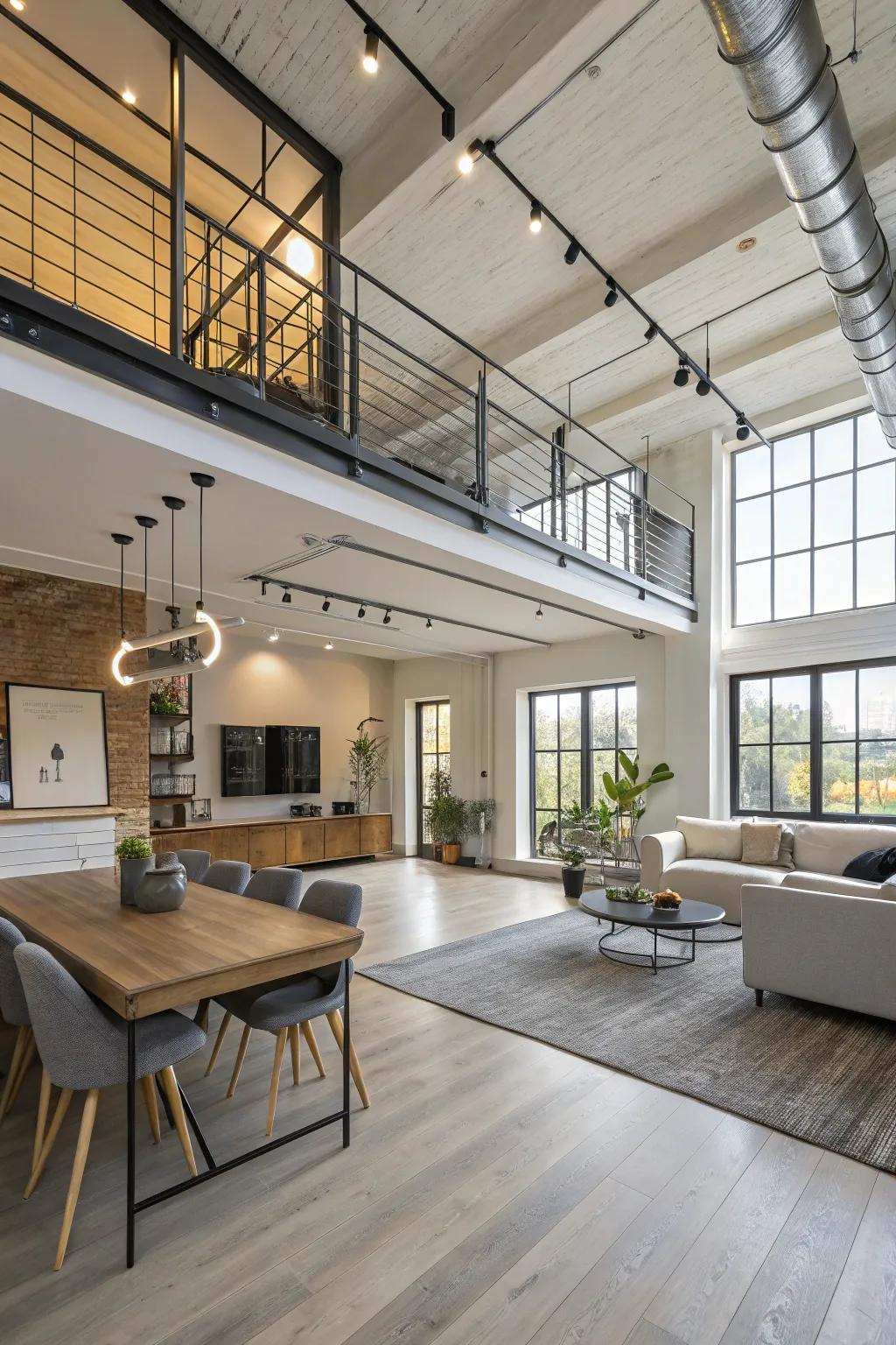 Modern loft with rail illumination delineating open living and dining spaces.