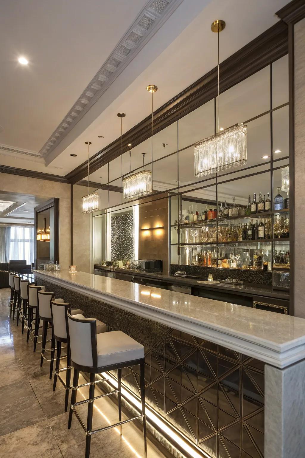 Mirrored constituents elevate the expansiveness of your wet bar.
