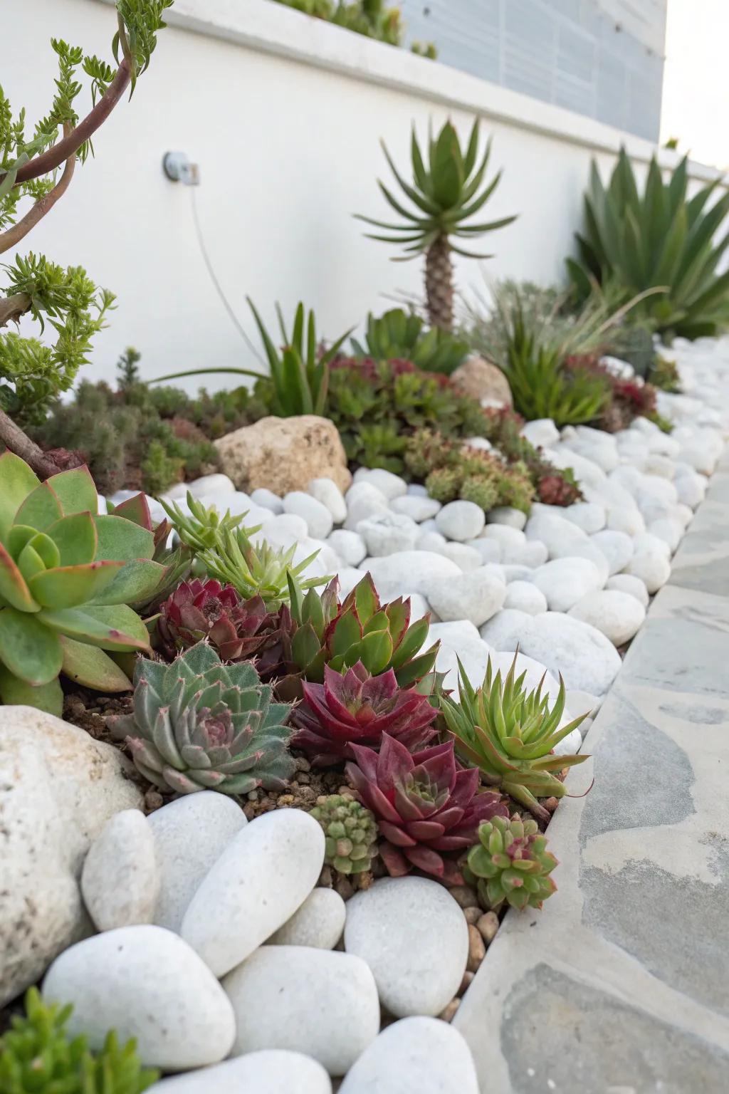 A charming succulent garden showcasing pale stones, presenting an effortless and enchanting landscape.