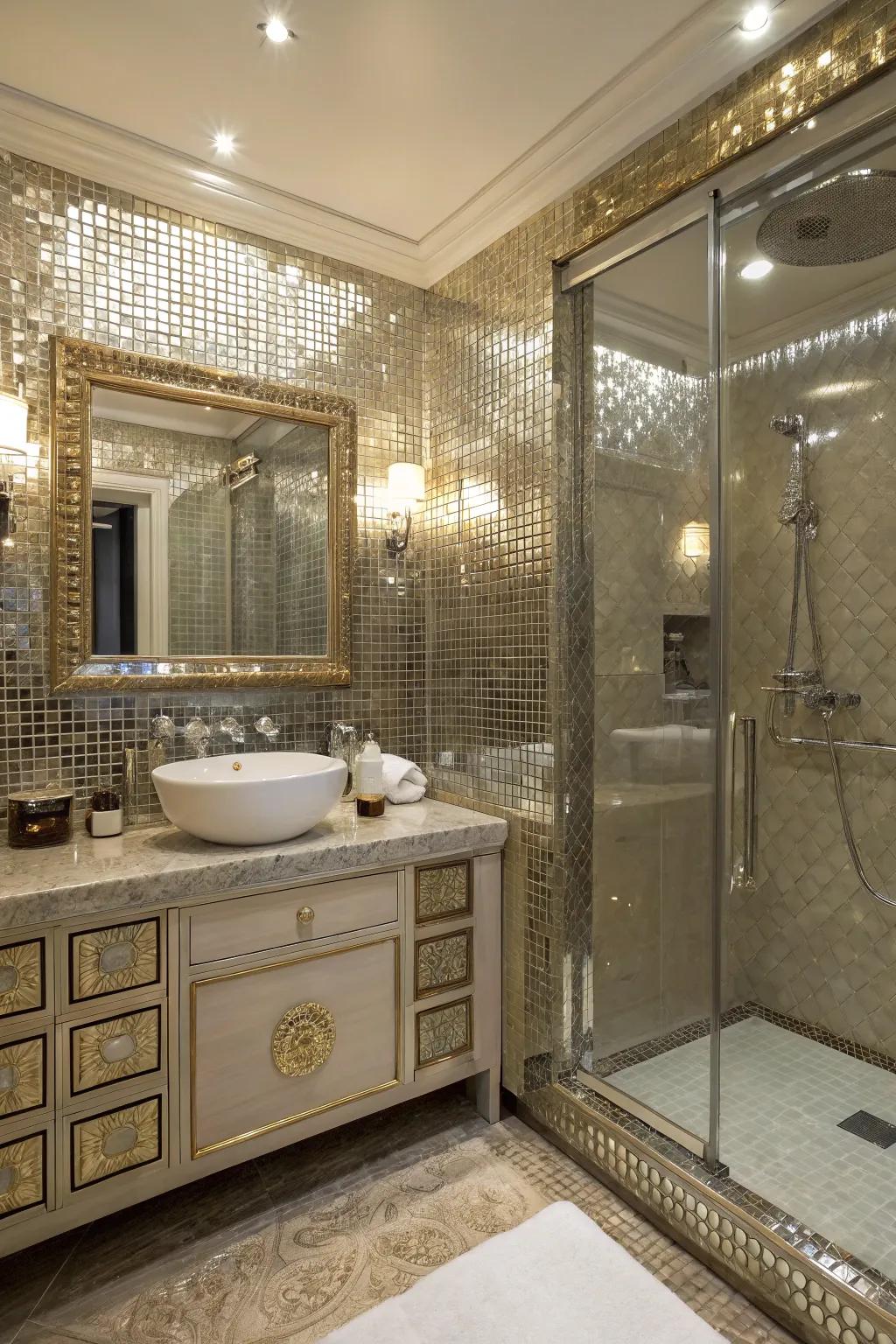 A glamorous bathroom exhibiting shimmering steel mosaic tiles.