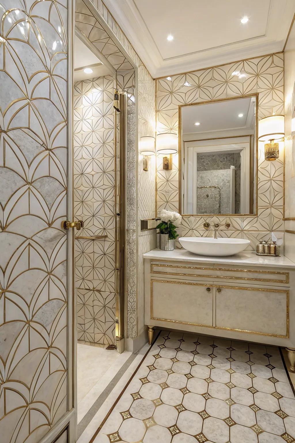 Art Deco patterns in mother of pearl tiles introduce a timeless elegance to any bathroom.
