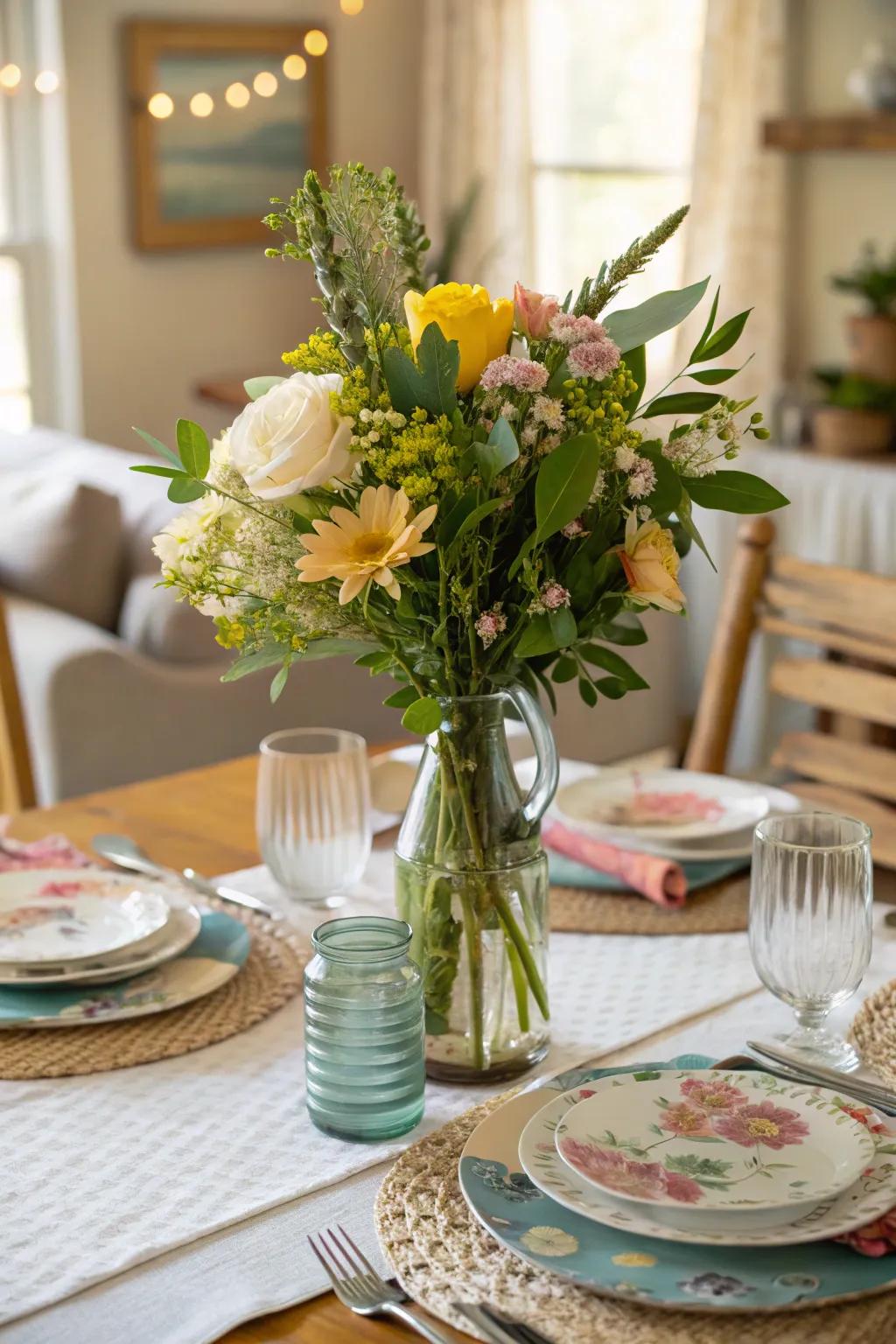 A DIY centerpiece introduces a personal element to the table.