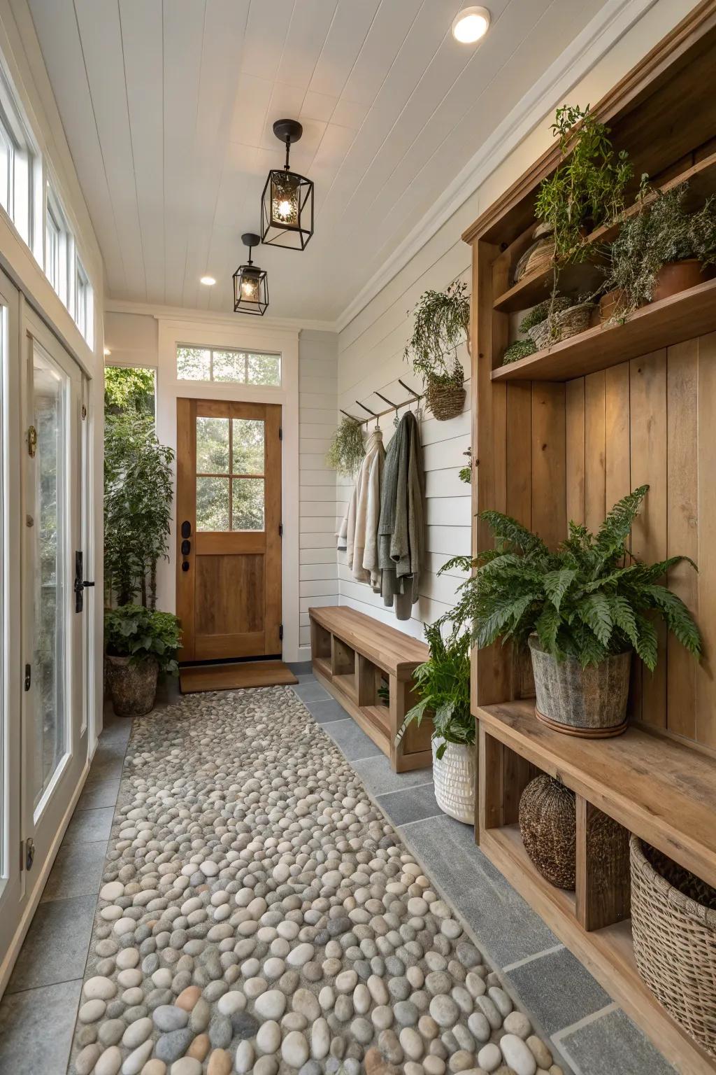 Stone slices yield a pacifying, organic aesthetic conducive to a spa-esque mudroom atmosphere.