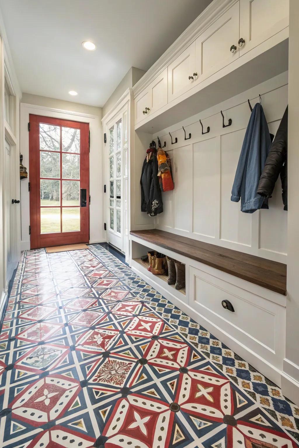 Mudroom showcasing daring patterned floor tiles.