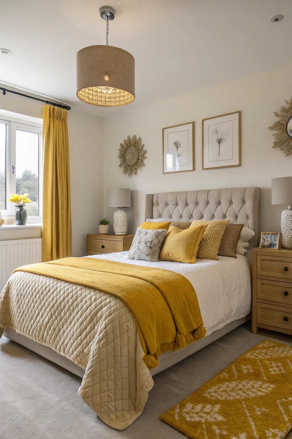 A sleeping chamber accentuating amber ornamental highlights and subdued decor.