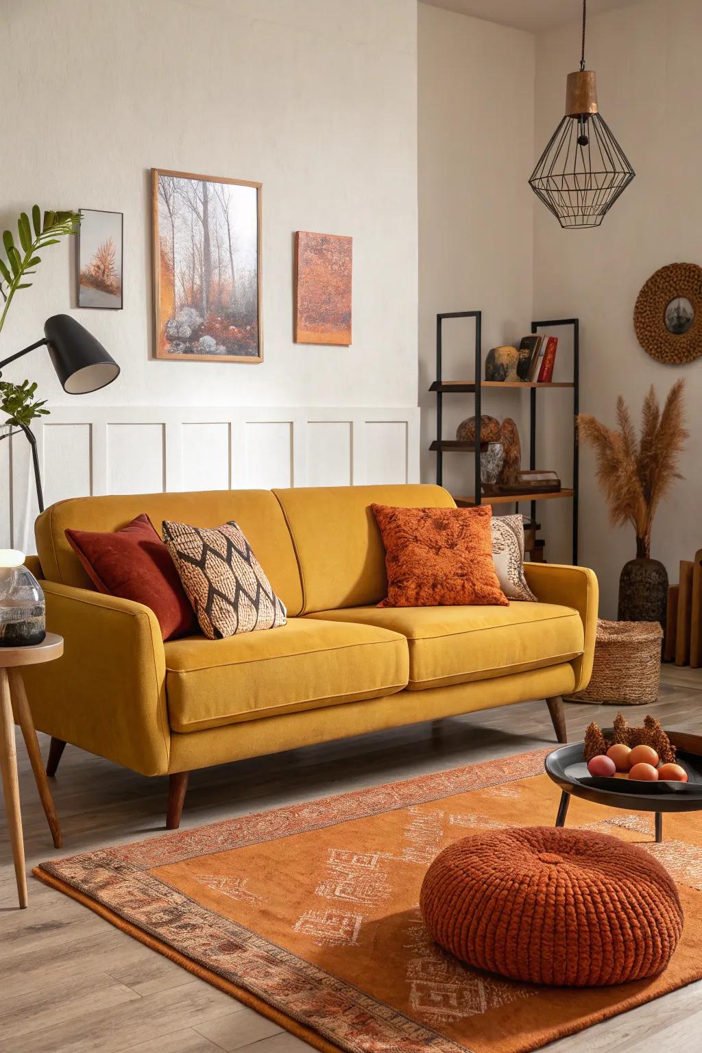 Seared orange accents contribute affection and comfort.