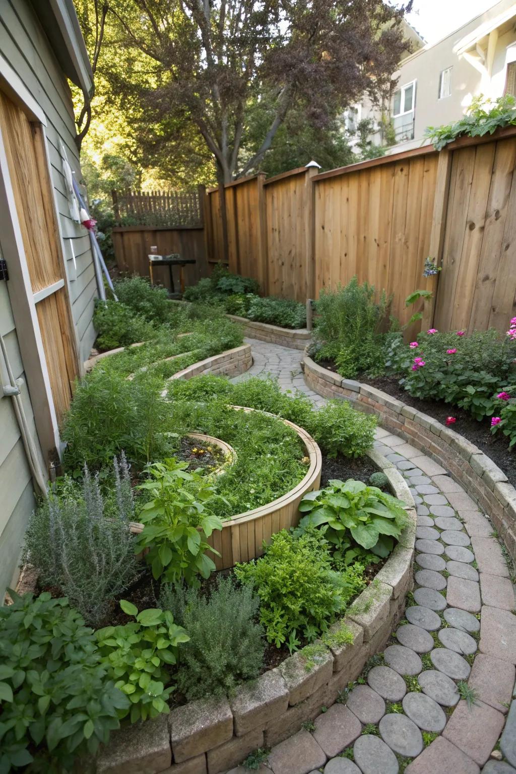 A herb volute introduces vertical intrigue and fresh flavors to a narrow garden.