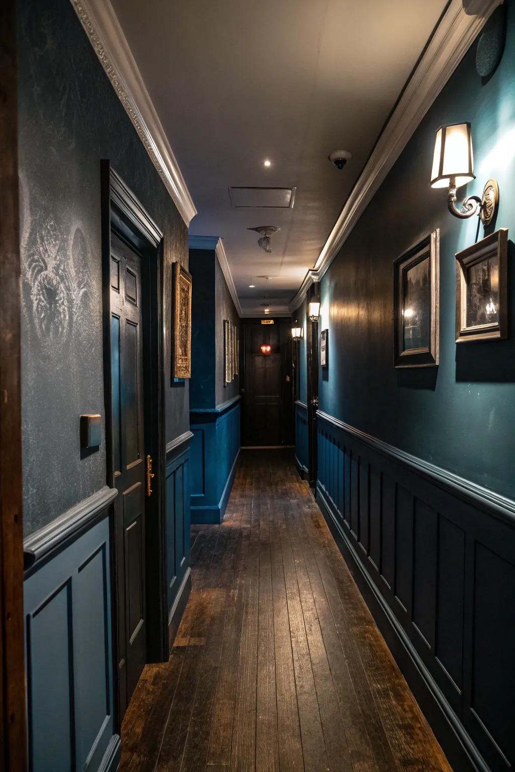 Adventurous, deep hues append theatrics and comfort to a slender entryway.